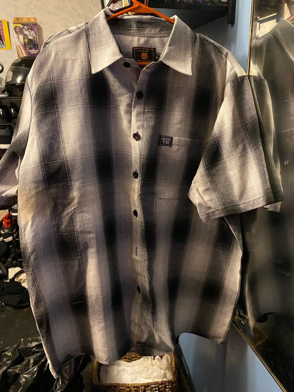 Short-Sleeve Black and Gray Plaid Button-Down Shirt